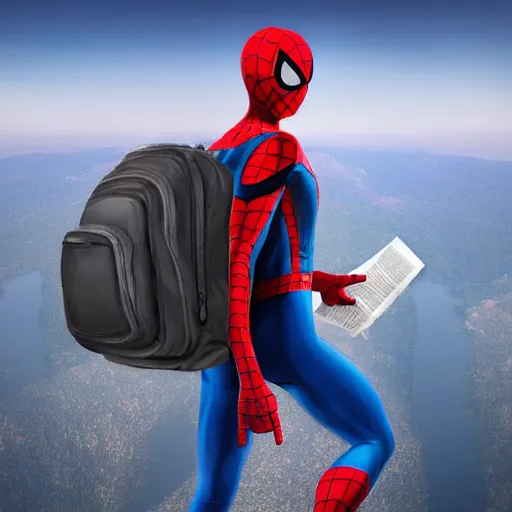 Image similar to Hyperrealistic photo of traveler spider-man carrying backpack and holding map on the mountain