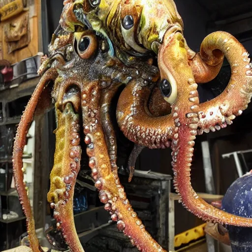 Image similar to photo taken of an epic intricate, ultra detailed, super realistic gritty, hero prop, exquisitely painted animatronic movie prop of a wet slimy grotesque nightmarish hellish cephalopod creature displayed in the workshop, created by weta workshop, full body shot, photorealistic, sharp focus