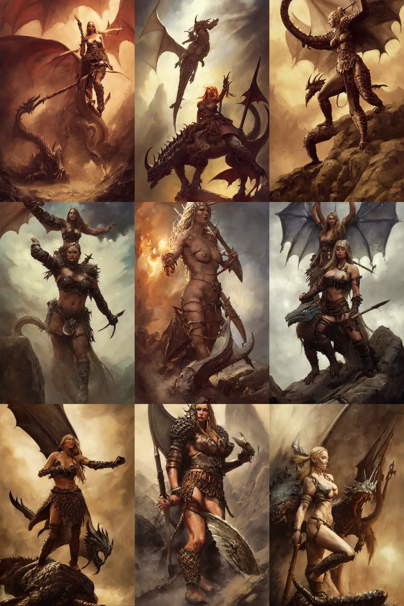 Image similar to A beautiful oil painting of a viking woman posing over a slain dragon, by Lucas Graciano, Frank Frazetta, Greg Rutkowski, Boris Vallejo, epic fantasy character art, goddess of war, fantasy armor, Exquisite detail, post-processing, low angle, masterpiece, cinematic