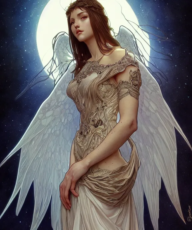 Image similar to beatiful woman turning into an angel, dark surrealism , scifi, intricate, elegant, highly detailed, artstation, concept art, smooth, sharp focus, illustration, art by artgerm and moebius and alphonse mucha