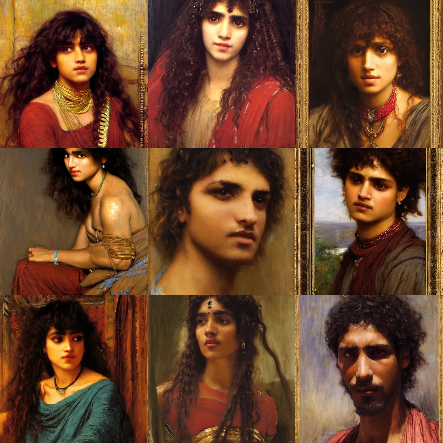 Prompt: bangs curly Indian african orientalist portrait by john william waterhouse and Edwin Longsden Long and Theodore Ralli and Nasreddine Dinet, oil on canvas. Cinematic, hyper realism, dramatic lighting, high detail 8k