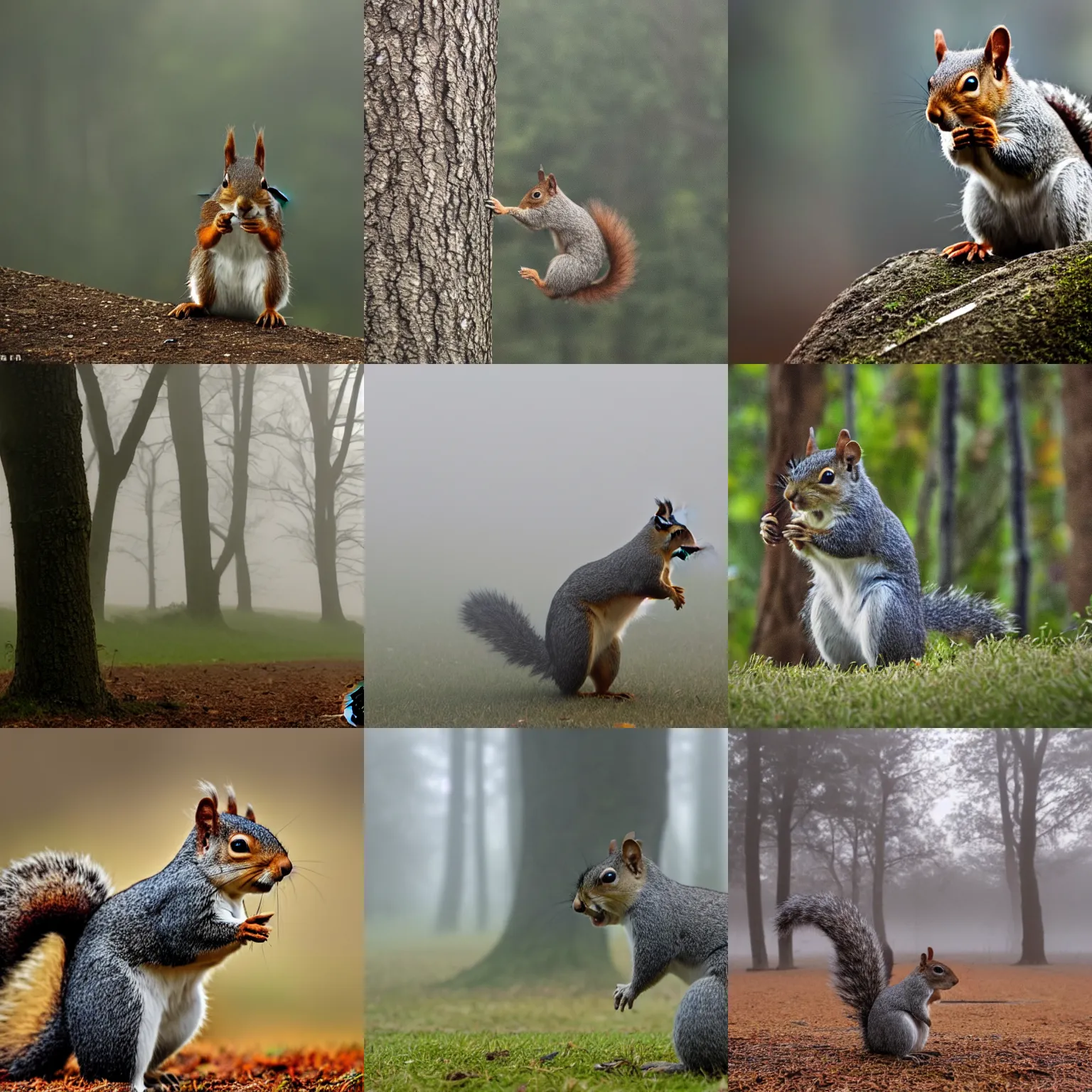 Prompt: a squirrel approaches on a foggy day