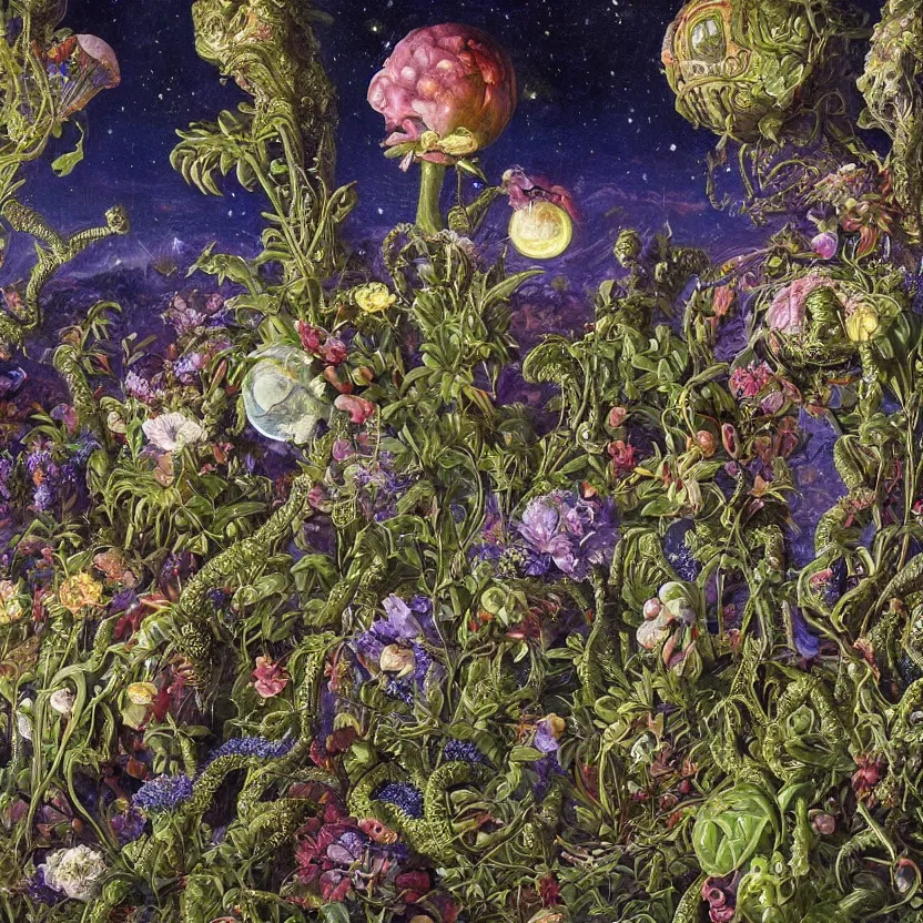 Prompt: close - up view of alien plants and flowers in a garden at night. decorated with foliage, faberge, and filigree. pulp sci - fi art for omni magazine. cosmic. baroque period, oil on canvas. renaissance masterpiece, by r. s. connett. highly detailed digital art