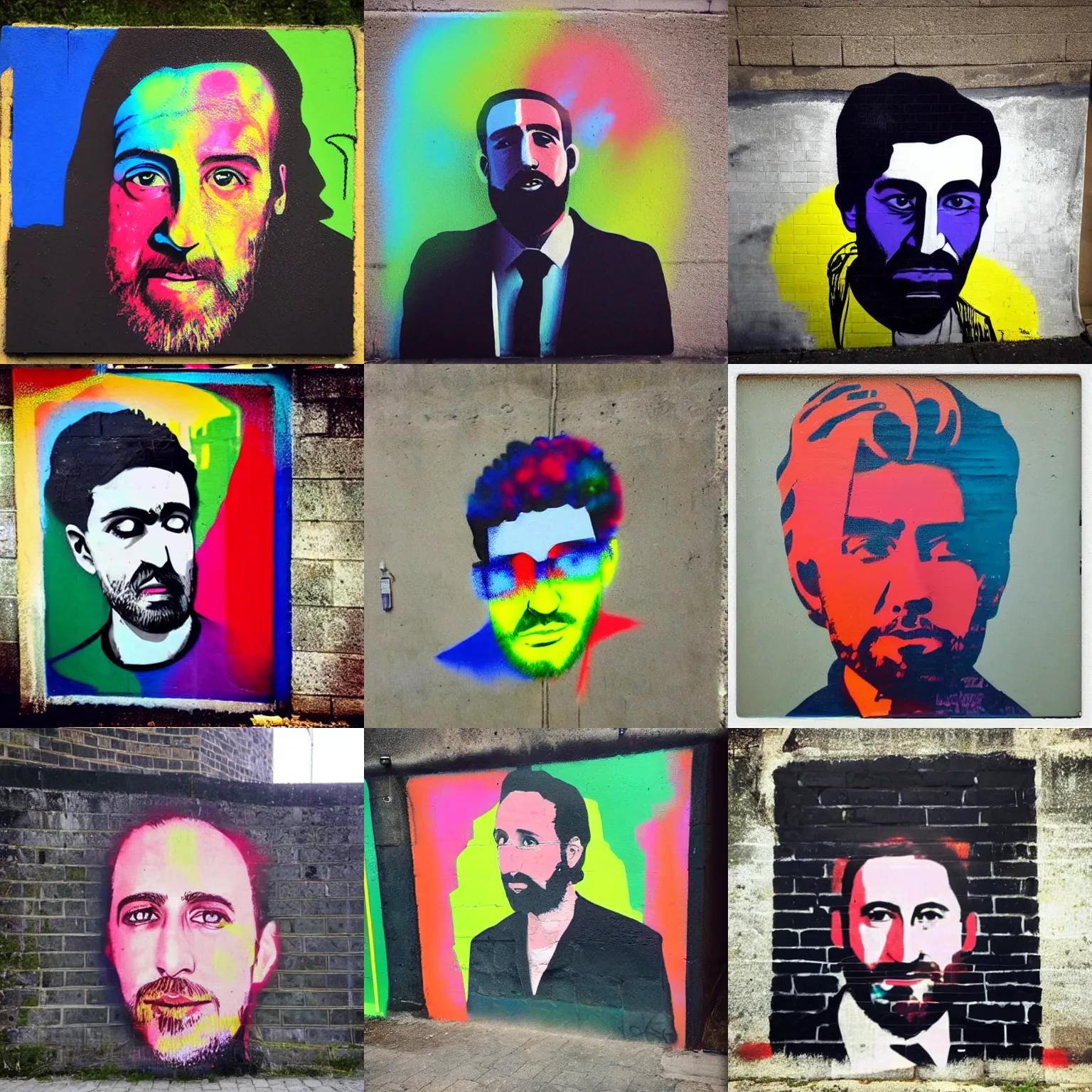 Prompt: “Spray paint stencil portrait of a Jewish guy in his 30s on the city wall, colorful, but very good looking”