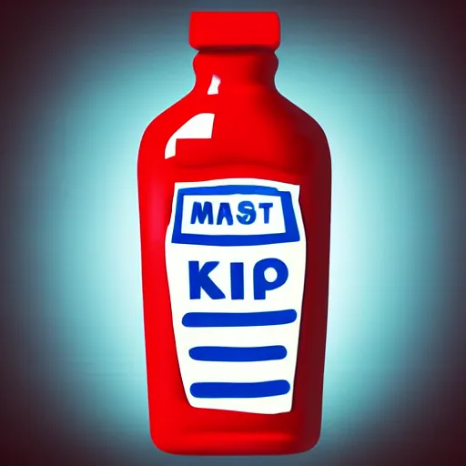 Image similar to ketchup bottle with label with letters on blue background with mars at lower right corner and saturn at upper right corner realistic digital art