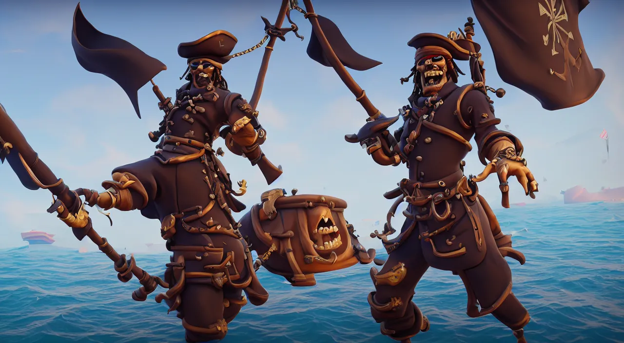 Image similar to a wide shot of a stylized 3D CGI fortnite pirate standing on the front of the ghost ship with the black Jolly Roger flag, the ghost ship is in the middle of the ocean, extremely detailed, pirate portrait, fantasy art overwatch and heartstone, cgsociety, artstation hq, octane render, 8k,