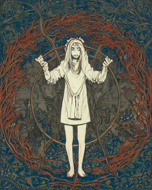 Image similar to a druid standing in a circle at the beginning of the world by james jean