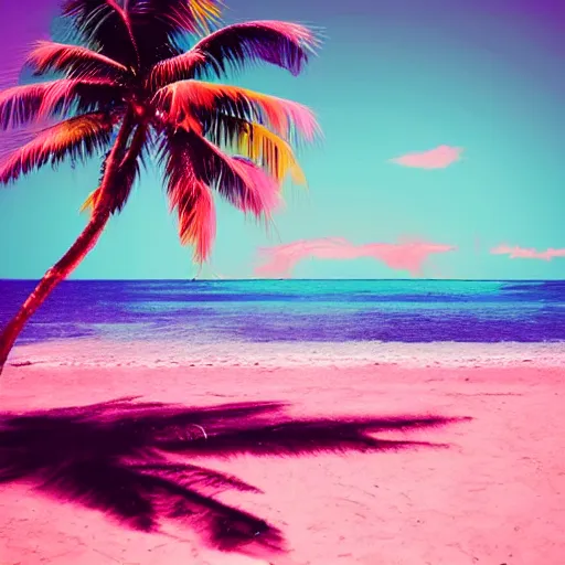 Image similar to synthwave pink beach with palm trees and neon water