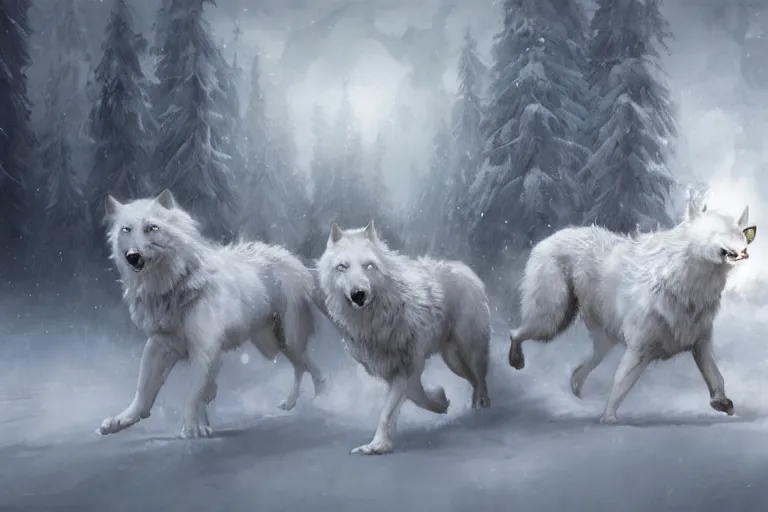 Image similar to white wolves running in white snow painted by Bastien Lecouffe-Deharme and Cedric Peyravernay, trending on artstation, Frank Frazetta, 4k, 8k, HD