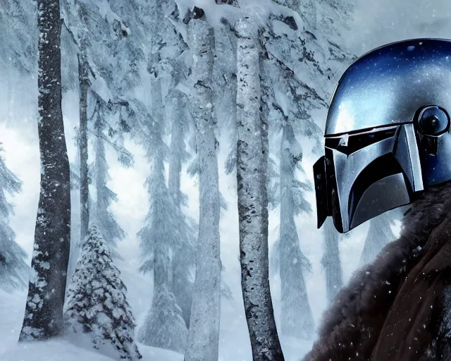 Prompt: in a snowy forest, a huge pile of helmets, a mandalorian jango fett, is looking at a huge pile of mandalorian helmets piled up, concept art highly detailed, huge pile of helmets, great cinematic lighting, octane render, 8 k, depth of field, 3 d, art by greg rutkowski, trending on artstation, cinematographic shot