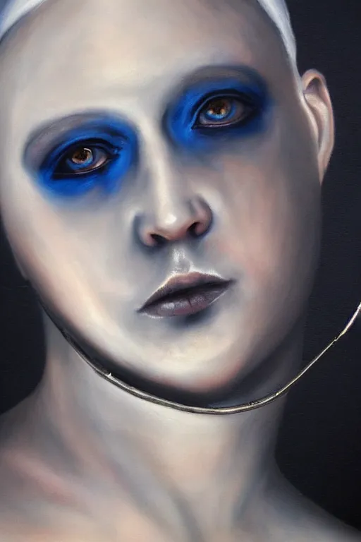 Image similar to hyperrealism oil painting, close - up portrait of albino medieval fashion model, black silk, steel gradient mixed with nebula sky, in style of baroque