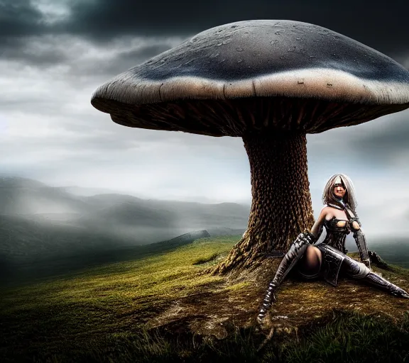 Image similar to a portrait of an armored female warrior sitting on the edge of a giant mushroom that covers a whole town and reaches above the clouds by luis royo. intricate. lifelike. soft light. sony a 7 r iv 5 5 mm. cinematic post - processing