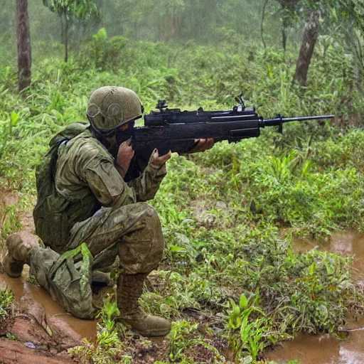 Image similar to military kangaroo firing a machine gun from a dense jungle in rain, marshy land