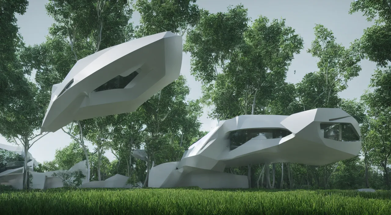 Image similar to a futuristic house sitting in the middle of the forest, unreal engine, zaha hadid, tom wright, ludwig mies van der rohe architectural designs, volumetric lighting, octane render, 8 k