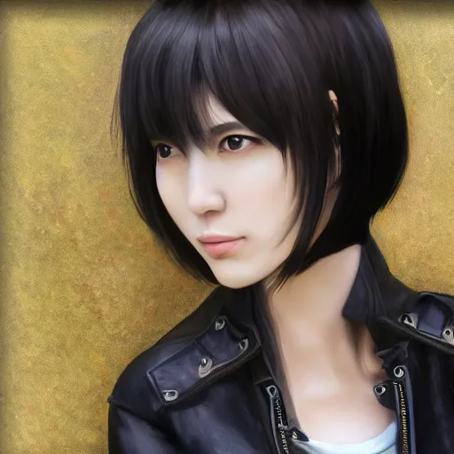 Prompt: perfect, realistic oil painting of close-up japanese young woman wearing leather jacket, in Perfect World mmorpg