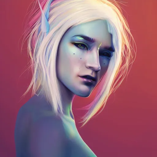 Image similar to a girl with lush white hair, unicorn horn, rim light, fresh colors, gradients, highly detailed, digital illustration, concept art, smooth, sharp focus, pleasing aesthetics, alexander wells