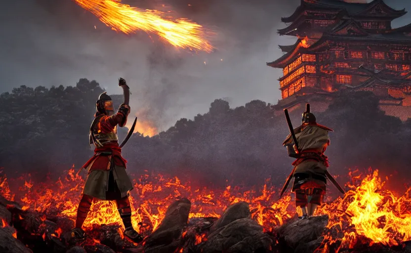 Prompt: highly detailed 3 d render of standing shinobi warrior in front of massive fire, burning japanese castle from sengoku period, surrounded by dense rock formations, black smoke, blue night, cinematic lighting, photobash, raytracing, high contrast, golden ratio