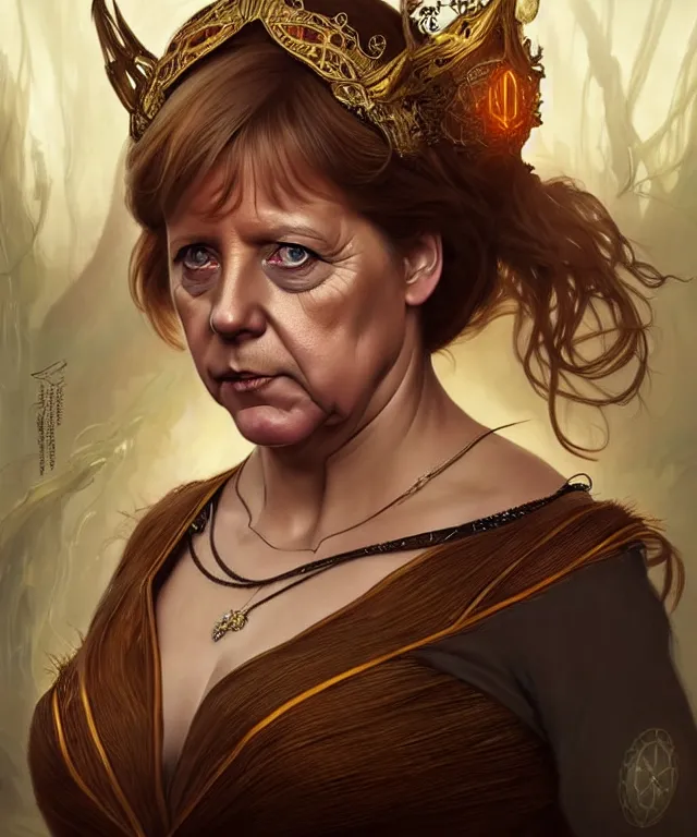 Image similar to angela merkel as a fantasy magic woman portrait, sci - fi, amber eyes, face, long hair, fantasy, intricate, elegant, highly detailed, artstation, concept art, sharp focus, art by artgerm and greg rutkowski and alphonse mucha