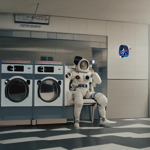 Image similar to a beautiful photo of an astronaut waiting in a laundromat, 1970', soft light, morning light, photorealistic, realistic, octane, 8k, cinematic shot