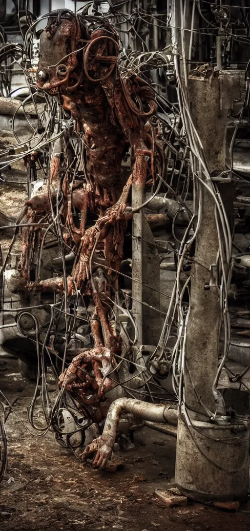 Image similar to body horror of human being consumed by machinery and rusty pipes and wires, scary, horror, 4K, disturbing, weird,