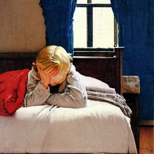 Image similar to painting of a blonde boy with blue eyes praying next to his bed that god will answer his prayers, crescent moon is visible outside his window, by Norman Rockwell,