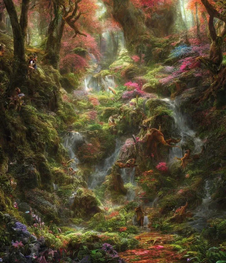 Image similar to a beautiful hyperrealistic detailed painting of a thin climbing path climbing through an enchanted fantasy forest, by federic edwin church, by alex heywood, by hayao miyazaki, epic scale, 3 d, brilliantly coloured, intricate, ultra wide angle, trending on artstation, golden ratio, morning, volumetric lighting, polished, micro details