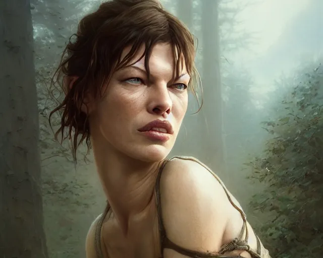 Image similar to highly detailed portrait of milla jovovich, in the walking dead, stephen bliss, unreal engine, fantasy art by greg rutkowski, loish, rhads, ferdinand knab, makoto shinkai and lois van baarle, ilya kuvshinov, rossdraws, tom bagshaw, global illumination, radiant light, detailed and intricate environment