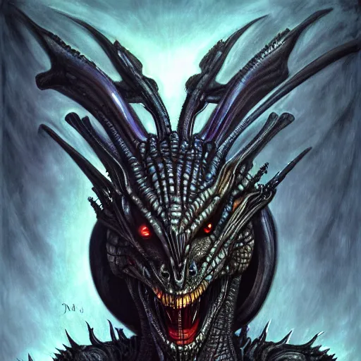 Image similar to Giger portrait of queen dragon, Dragon in dragon lair, HD, full body dragon concept, flying dragon, soft shading, hyperdetailed, wide angle lens, fantasy, futuristic horror, style of giger