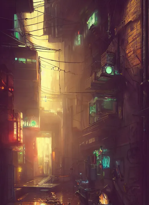 Image similar to airbrushed painting of a cyberpunk alleyway, stunning, featured on artstation, cinematic lighting, hyperdetailed, cgsociety, 8k, dramatic, dark atmosphere, alluring