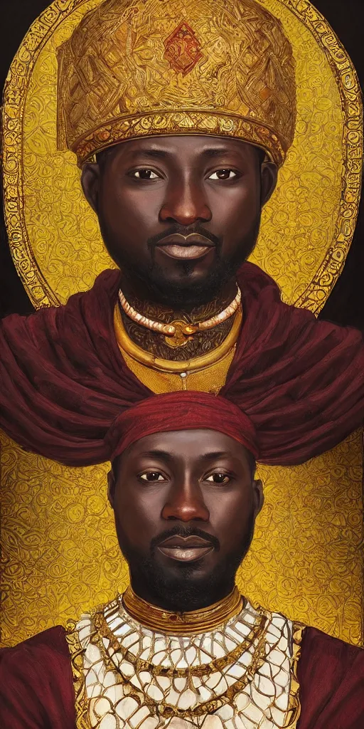 Image similar to a stunning and noble highly detailed romantic period style portrait of Mansa Musa by Josep Tapiró Baró, trending on artstation, oil painting masterpiece, symmetry, fractals, African iconography