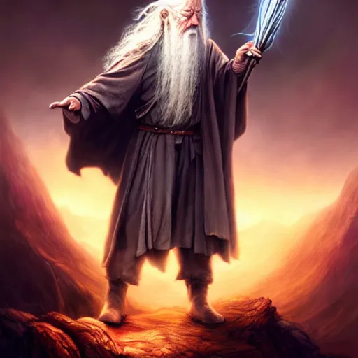 Image similar to morgan freeman starring as gandalf in lord of the rings, highly detailed matte fantasy painting, stormy lighting, by ross tran, by artgerm, by lisa frank, by brom, by peter mohrbacher