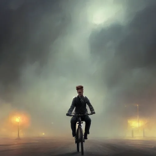 Image similar to cinematic shot epic portrait david bowie riding a bicycle in the streets, atmospheric, cloudy, broad light, ambient occlusion, volumetric light effect, made by ivan aivazovsky, peter mohrbacher, greg rutkowski, ross tran, matte painting, trending on artstation, 4 k, perfectly defined features, digital painting, cinematic, epic, highly detailed,