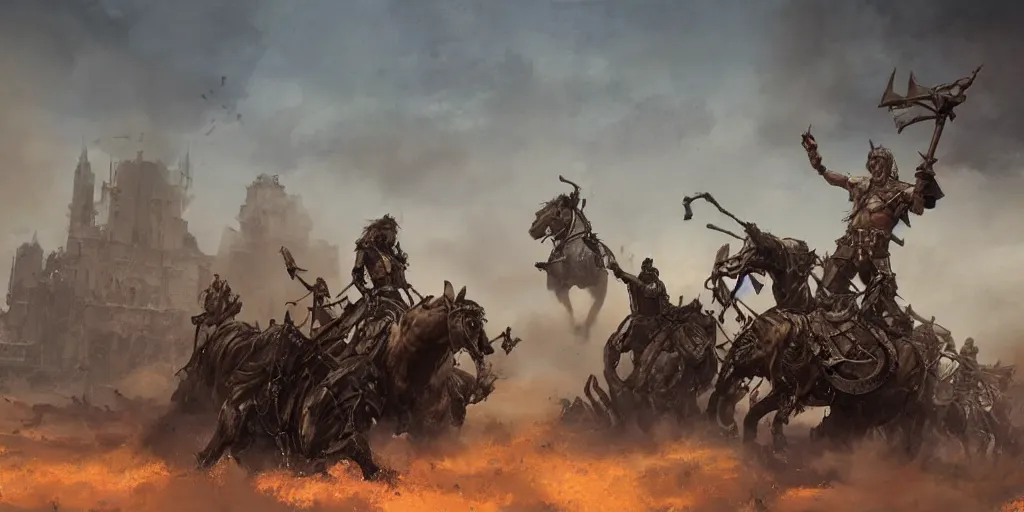 Image similar to Mad Max reimagined in the baroque era, catapult, heroes and villains, horses, orchestral band on a wagon, hearthstone art style, epic fantasy style art by Craig Mullins, fantasy epic digital art, epic fantasy card game art by Greg Rutkowski