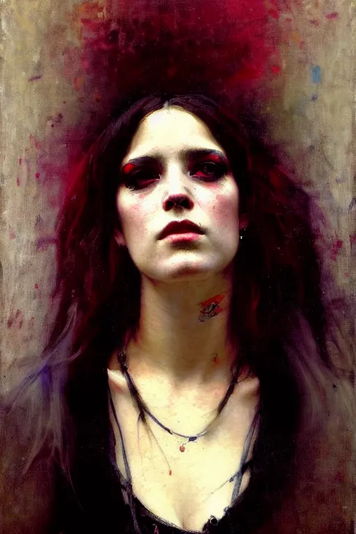 Prompt: solomon joseph solomon and richard schmid and jeremy lipking victorian genre painting full length portrait painting of a young beautiful woman punk rocker