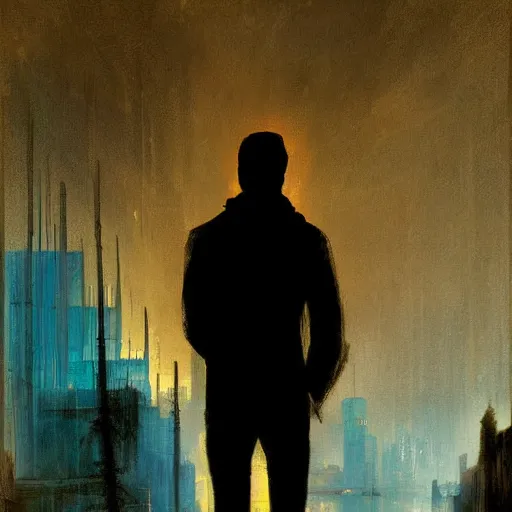 Image similar to digital art cyberpunk cityscape nighttime silhouette of young man in a hoodie in theforeground painted by turner 1860