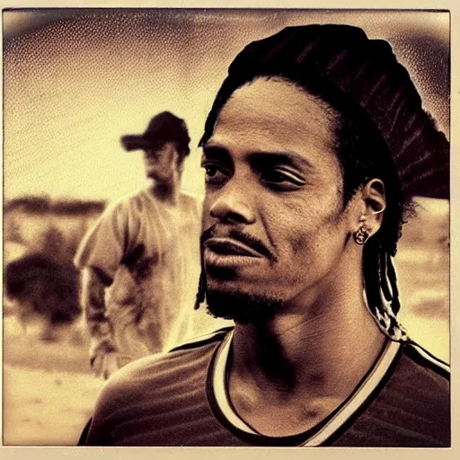 Image similar to polaroid picture, sepia, ronaldinho gaucho and homeless manu chao in a paraguayan prison, perfect face, symmetrical face, fine details, day setting, ethereal, trending on artstation