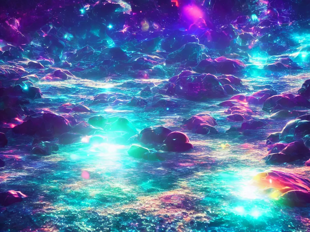 Prompt: crystal rainbow waters refracting light of a galactic crystal landscape beneath, underwater, caustic, award - winning render, photon tracer, octane engine, raytracing relaxing, bright, anime style, manga style