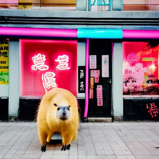 Image similar to capybara drinking bubble tea in cyberpunk, neon, pink and cyan seoul, detailed, street photography