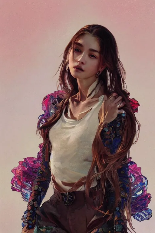 Image similar to an hyper intricate oil painting of gen z model wearing a fashion outfit with a clean t - shirt for mockups, full body ultra fashion model pose by vogue, excellent composition, by yoshitaka amano, by greg rutkowski, by alphonse mucha, by rhads, by ross tran, trending on artstation