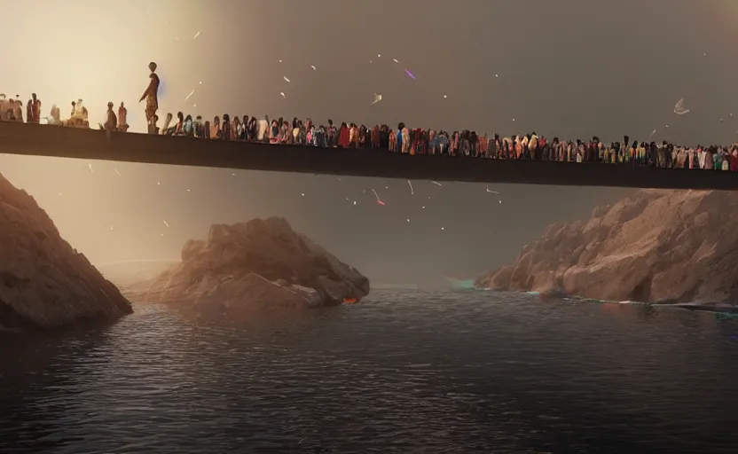 Image similar to incredible, mindblowing, refugees crossing a bridge made of rainbow, matte painting, makoto shinkai, artstation, cgsociety, dramatic lighting, concept art, octane render, arnold 3 d render