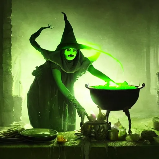 Image similar to a scary witch making green glowing soup from a cauldron, Matte painting , detailed painting, made by Greg Rutkowski, 4k, atmospheric