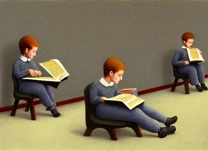 Prompt: a very boring day in school, kids wearing identical clothes reading books, teachers without faces, painting by quint buchholz and ray caesar, muted colors, gray, dull, boring, low energy, pale blue faces, very detailed