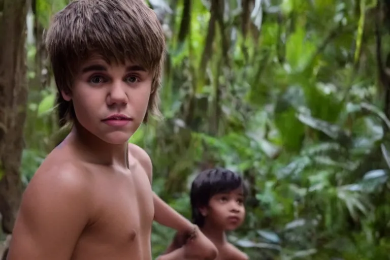 Prompt: justin bieber plays mowgli in the live action adaptation of the jungle book, red weapon 8 k s 3 5, cooke anamorphic / i lenses, highly detailed, cinematic lighting