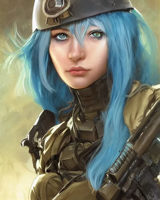 Prompt: stunningly beautiful girl with blue hair, blue eyes, fantasy art, military girl, army girl outfit, soldier helmet, jungle background, dark light night, sharp focus, digital painting, 8 k, concept art, art by wlop, artgerm, greg rutkowski and alphonse mucha