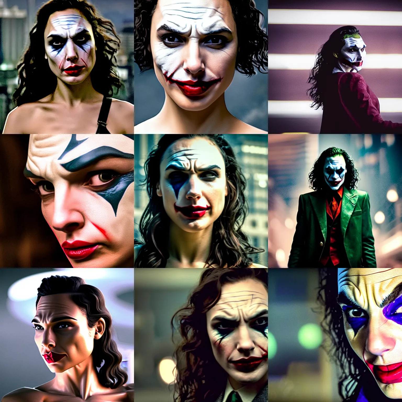 Prompt: gal gadot as the joker in dark knight , very realistic! egg oval bokeh cinematic medium shot close up from the avengers