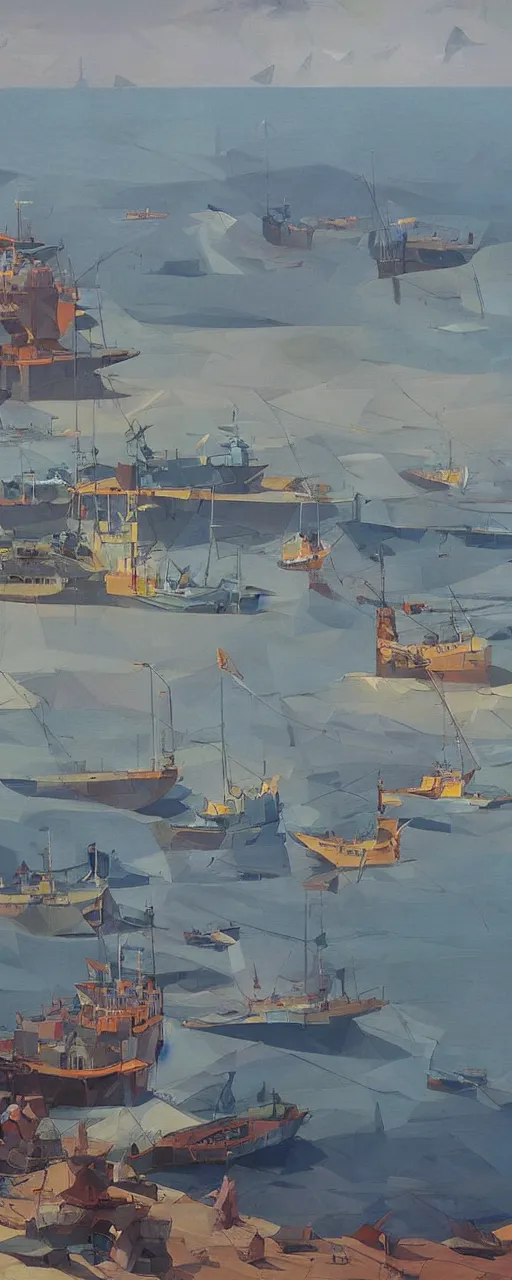 Image similar to fishing vessels in the bay, finnian macmanus lowpoly