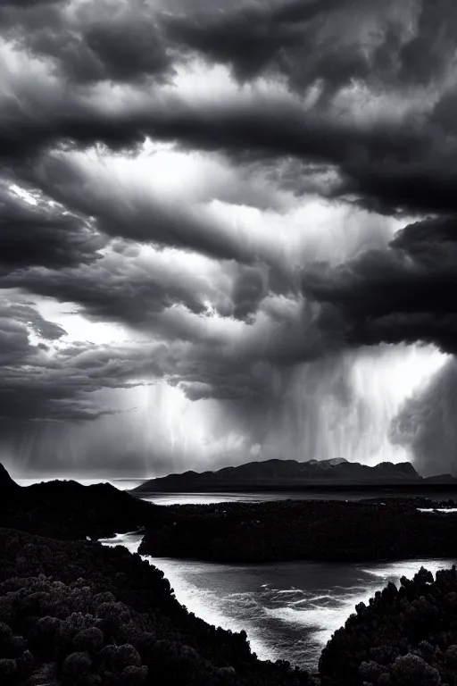 Image similar to a stunning landscape by ansel adams, stormy weather, extreme detail photo quality, dark moody colors, featured on behance