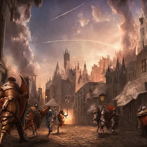 Prompt: meteor seconds before impact in a medieval town, foreboding, people running away, concept art, trending, high detail, high resolution, fantasy, knights