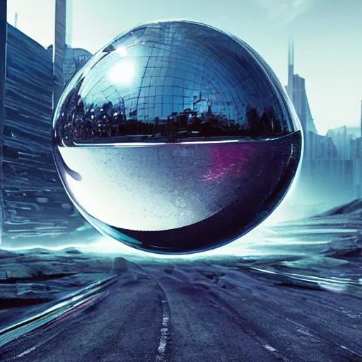 Image similar to photo of a chrome blob in a dystopian future technological singularity cinematic establishing wide shot infinitesimal ultrawide