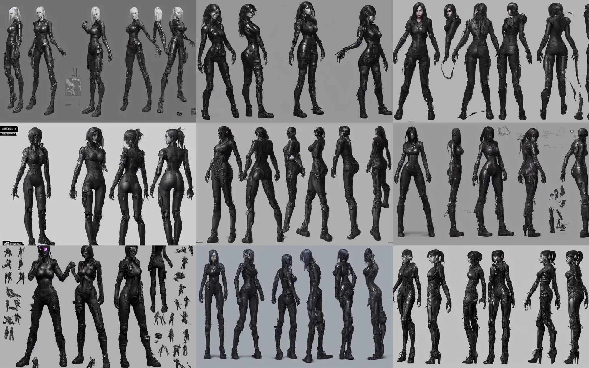 Prompt: badass cyberpunk female, character sheet, turnaround, whole body, whole figure, toy, character design, reference model sheet, by wlop and artgerm, concept art, by pixar and disney, unreal engine 5, metahumans